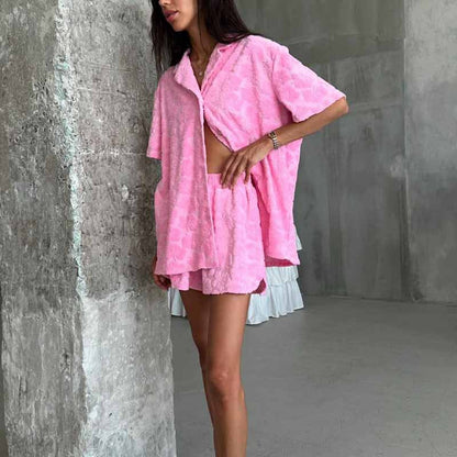 Women’s Pajama Set – Soft Knit Relaxed Fit – Button-Up Shirt and Elastic Shorts