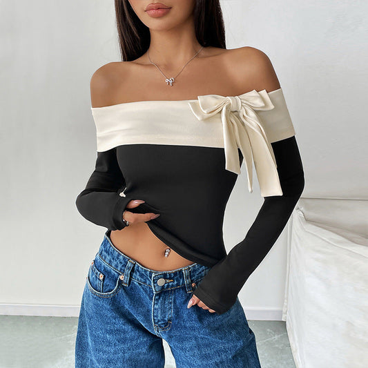 Women’s Crop Top – Off-Shoulder Slim Fit – Long Sleeve Stretch – Bow Detail