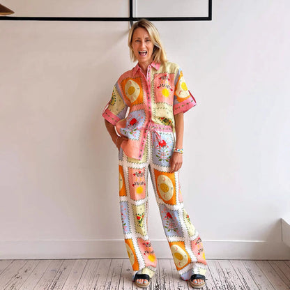 Women’s Linen Cardigan – Relaxed Fit – Short Sleeve – Button-Up Artistic Design