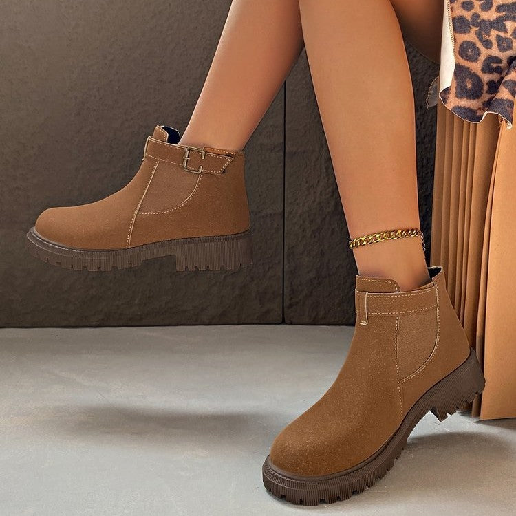 Women’s Ankle Boots – Round Toe – Lug Sole – Retro Buckle – Matte Finish