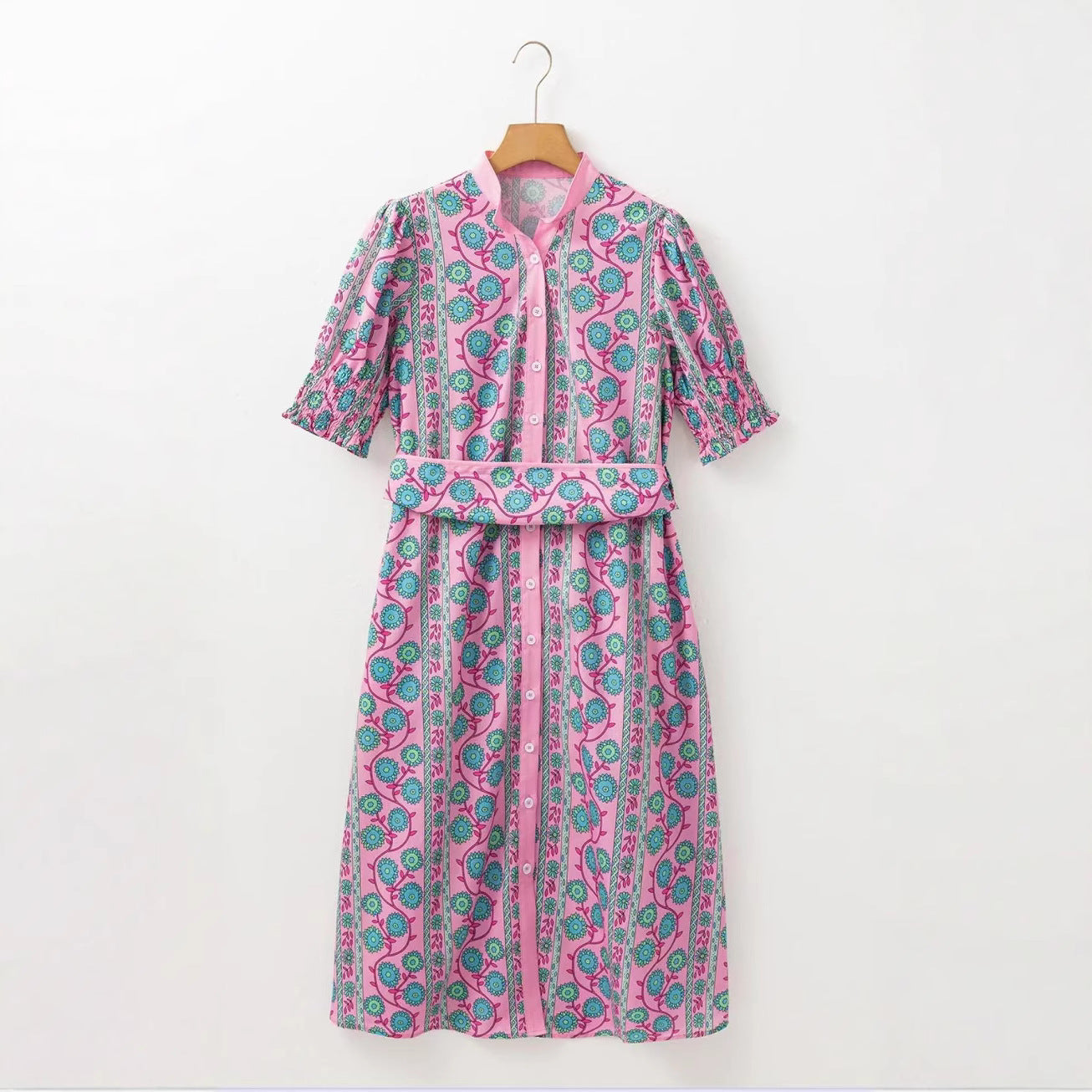 Women’s Midi Dress – Floral Print – Puff Sleeve – Belted Fit – Button Front – High Waist