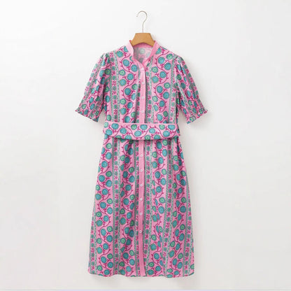 Women’s Midi Dress – Floral Print – Puff Sleeve – Belted Fit – Button Front – High Waist