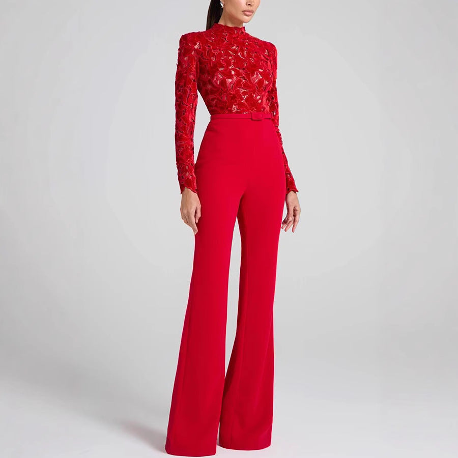 Women’s Jumpsuit – Lace Embroidered Top – Belted Waist – Flared Leg Formal Fit