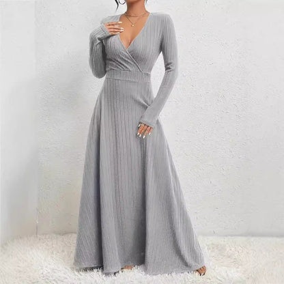 Women’s Long Sleeve Dress – Soft Knit – Fit and Flare – V-Neck – Full Length Elegant
