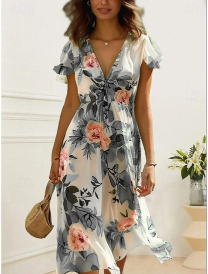 Women’s Midi Dress – Lightweight Chiffon – V-Neck – Ruffled Sleeves – Floral Print