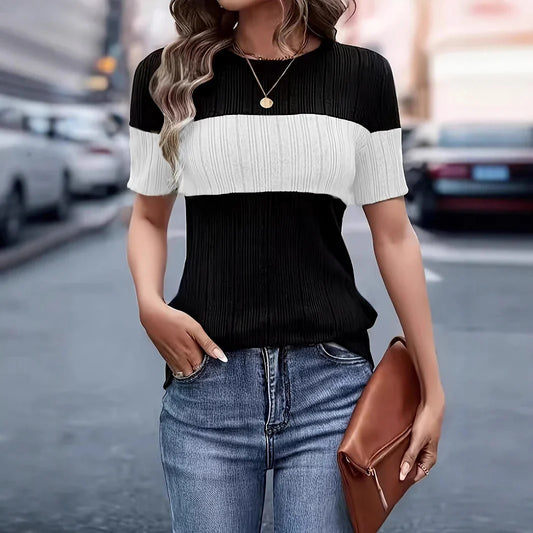 Women’s Short-Sleeve Top - Ribbed Knit - Relaxed Fit - Crew Neck - Colour Block