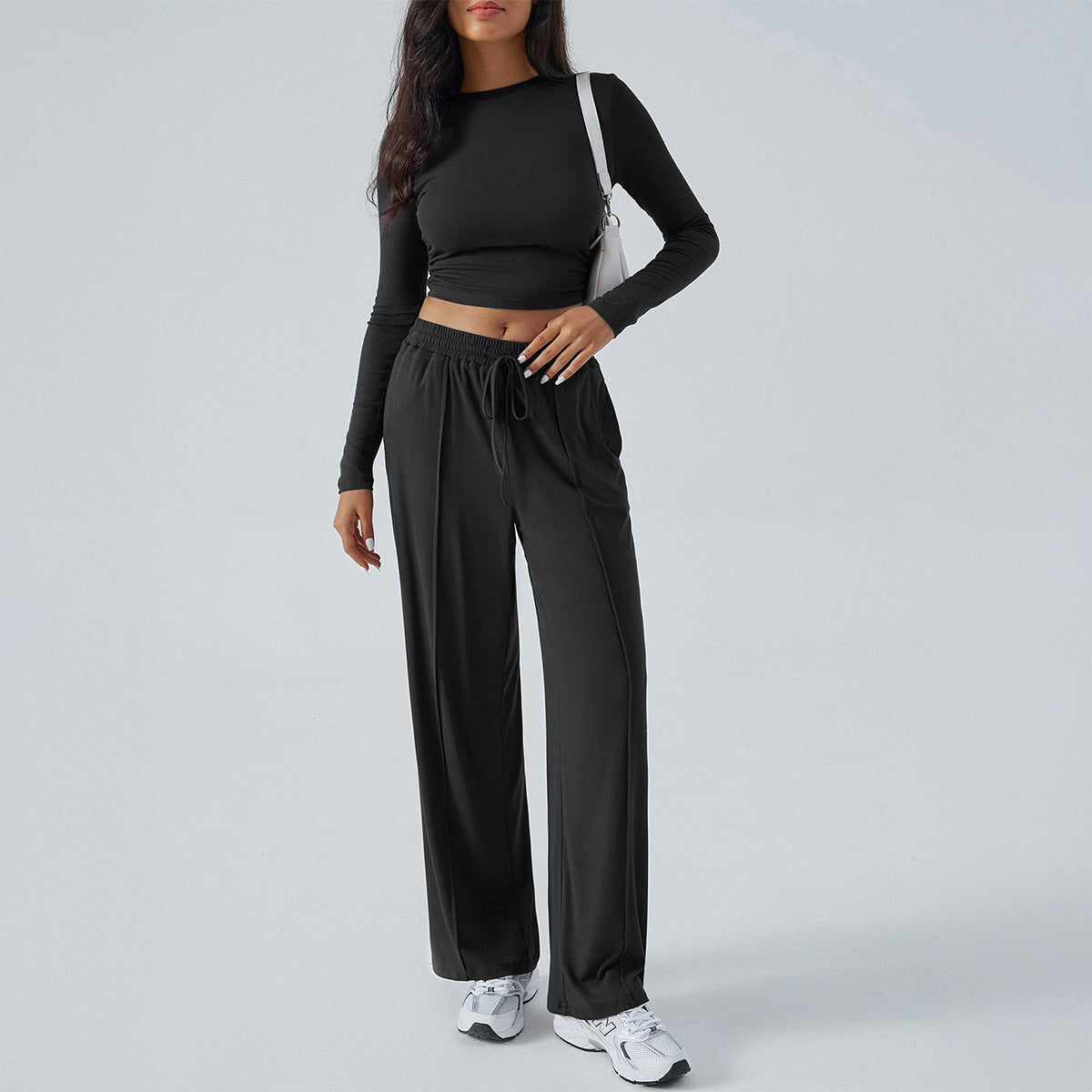 Women’s Two-Piece Set – Cropped Slim Fit Top – High-Waist Wide-Leg Pants