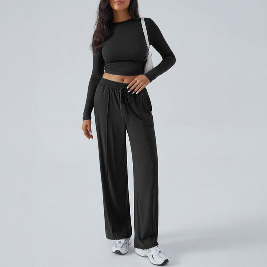 Women’s Two-Piece Set – Cropped Slim Fit Top – High-Waist Wide-Leg Pants