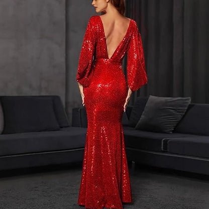 Women’s Evening Gown – Sequin Embellished – Mermaid Fit – Deep V-Neck – Floor Length
