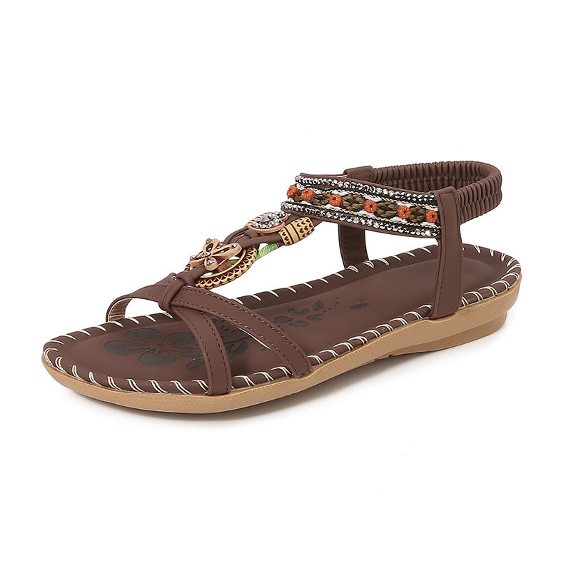 Women’s Flat Sandals – Open Toe – Rhinestone Straps – Boho Braided Detail