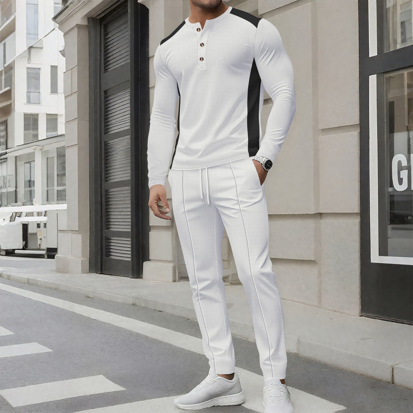 Men’s Tracksuit Set – Slim Fit – Long Sleeve Henley – Tapered Jogger Pants – Cotton Blend