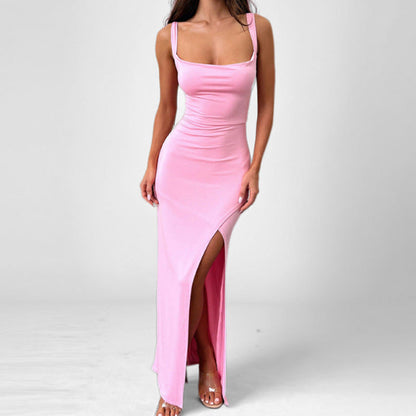 Women’s Maxi Dress – Slim Fit – Stretch Fabric – Spaghetti Straps – High Slit – Open Back