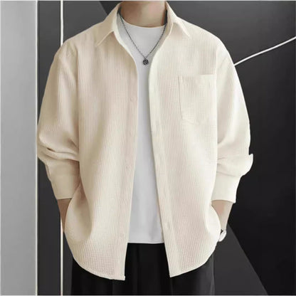 Men’s Long Sleeve Shirt – Waffle Knit – Oversized Fit – Button-Up Casual Layer