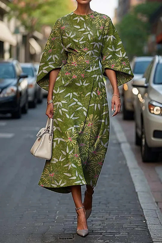 Women’s Midi Dress – Structured A-Line Fit – Kimono Sleeves – Floral Print