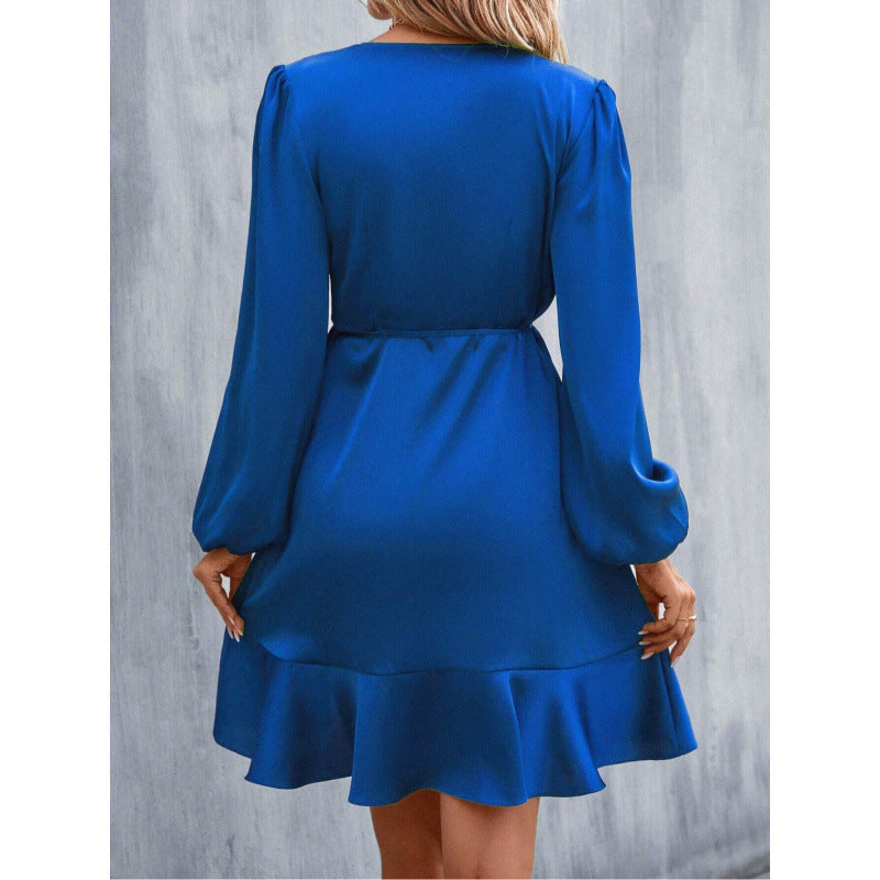 Women’s Wrap Dress – Satin Look – Long Sleeve – Puff Shoulder – Asymmetrical Hem