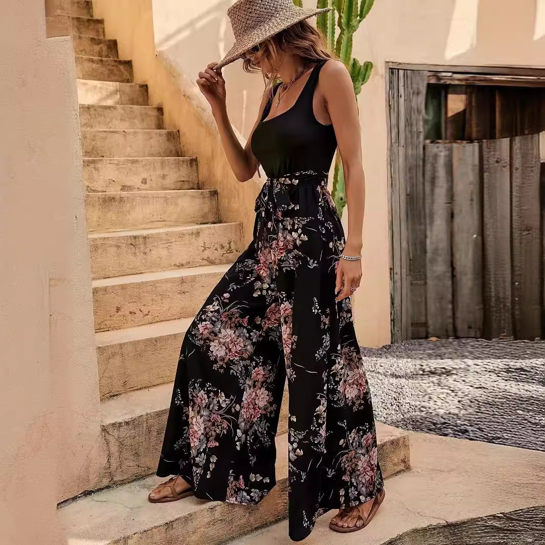 Women’s Jumpsuit – Floral Print – Sleeveless – Wide Leg – Relaxed Fit – Defined Waist