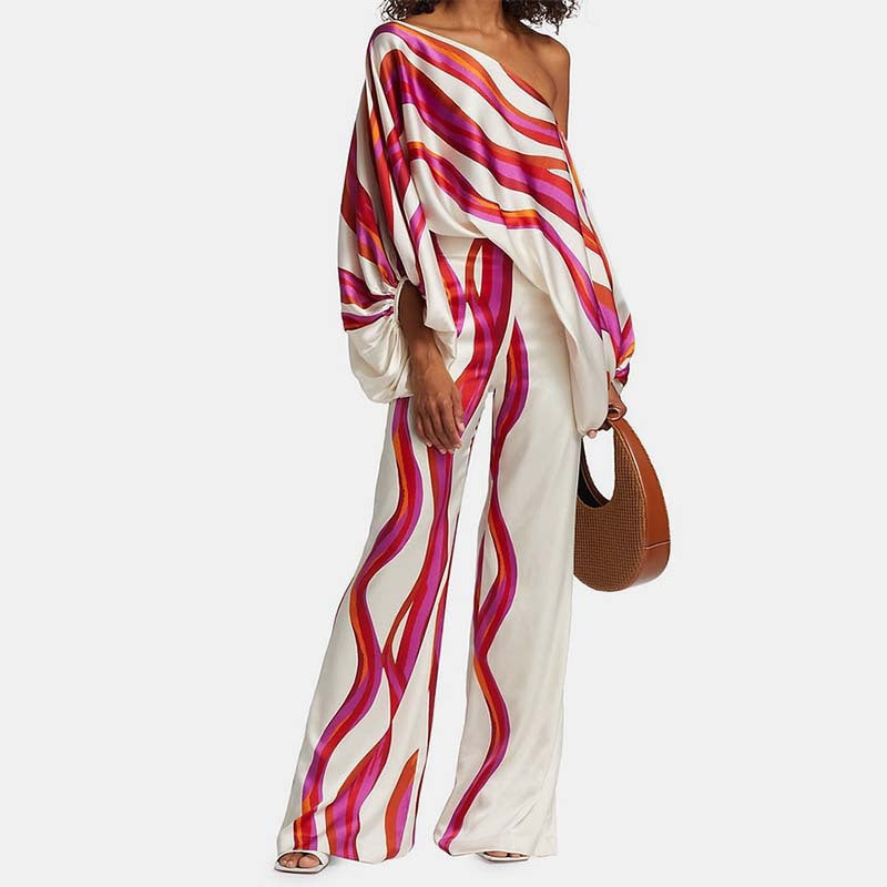 Women’s Two-Piece Set – Off-Shoulder Blouse – Relaxed Fit – Silk Feel – Draped Sleeves – Striped