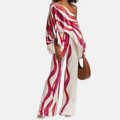 Women’s Two-Piece Set – Off-Shoulder Blouse – Relaxed Fit – Silk Feel – Draped Sleeves – Striped