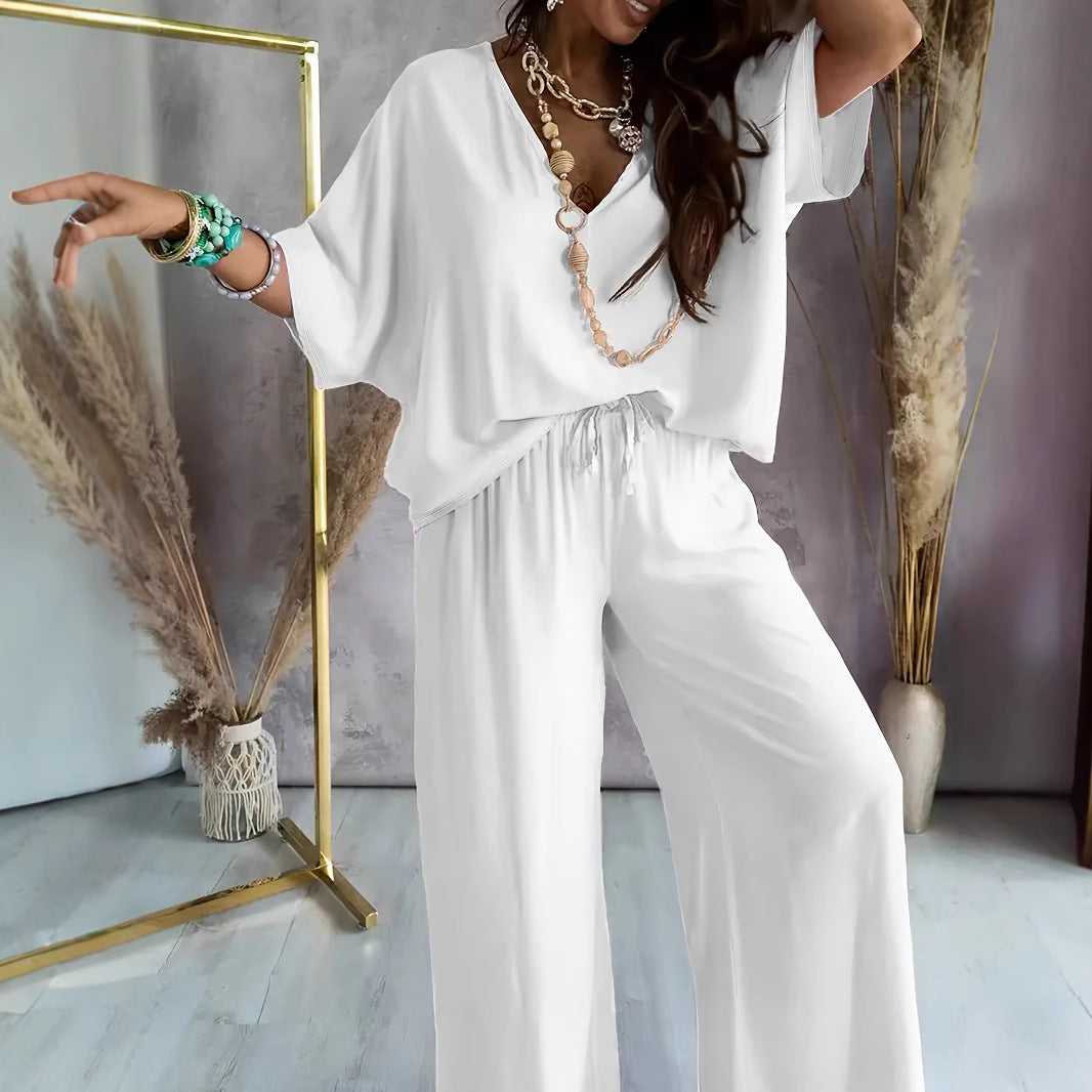 Women’s Lounge Set – Soft Cotton Blend – Relaxed Fit – V-Neck Batwing Top – Wide-Leg Pants