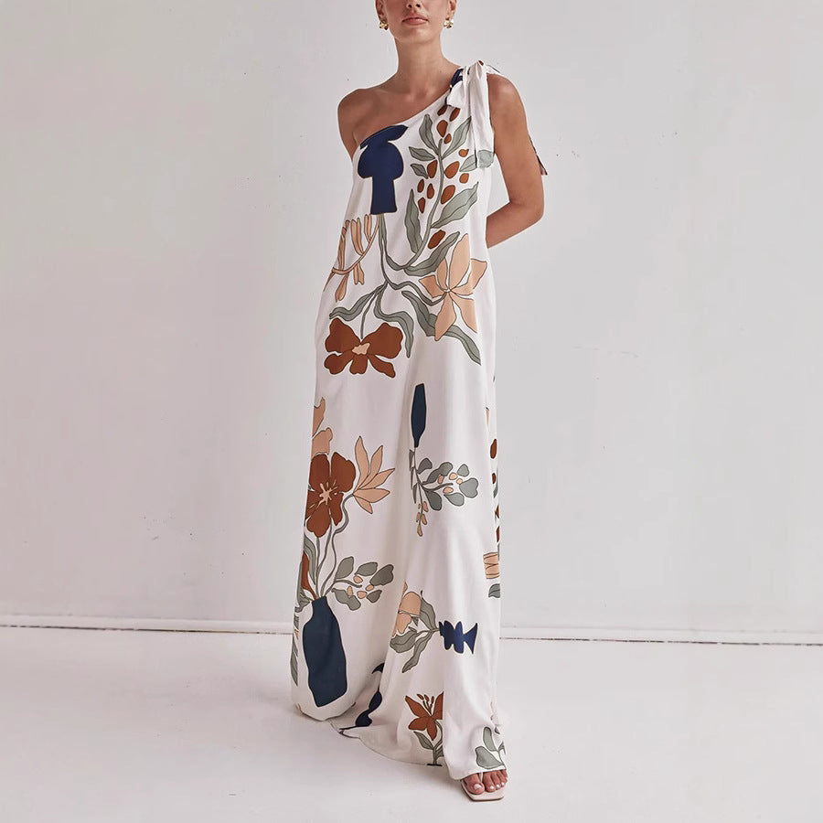 Women’s One-Shoulder Dress – Full Length – Flowing Cotton – Loose Fit Bold Print