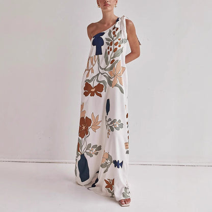 Women’s One-Shoulder Dress – Full Length – Flowing Cotton – Loose Fit Bold Print