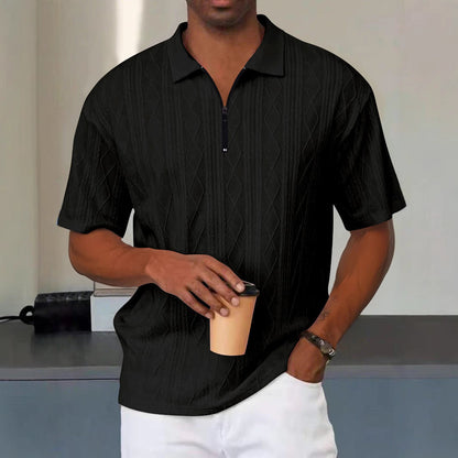 Men's Polo Shirt - Knit - Relaxed Fit - Zip Collar - Textured Cable Pattern