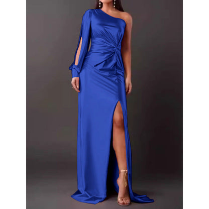 Women’s Maxi Dress – Satin – One Shoulder – Slim Fit – Ruched Waist – High Slit – Long Sleeve