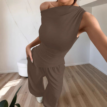 Women’s Two-Piece Set – One Shoulder Slim Top – High-Waist – Wide-Leg Pants