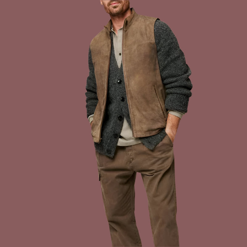 Men’s Vest – Soft Textured Fabric – Zip Front – Stand Collar – Relaxed Structured Fit