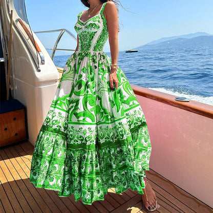 Women’s Maxi Dress – Flowing Fit – Tiered Skirt – Breathable Blend – Printed Pattern