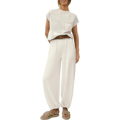 Women’s Knit Sweater Set – Soft Knit – Cropped Top – High Waist Relaxed Pants