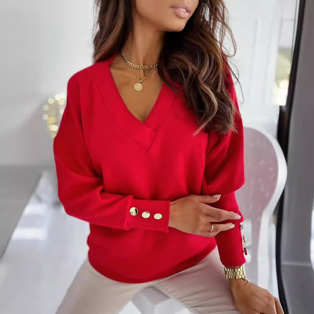 Women’s V-Neck Long Sleeve T-Shirt – Relaxed Fit – Soft Knit – Button Cuff Detail
