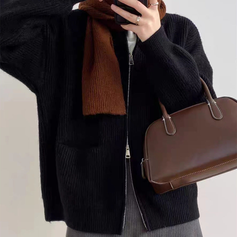 Women’s Knit Cardigan – Wool Blend – Oversized Fit – Ribbed Texture – Dual Zipper