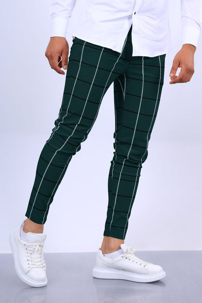 Men’s Slim Fit Pants - Cotton - Ankle Length - Windowpane Plaid Pattern