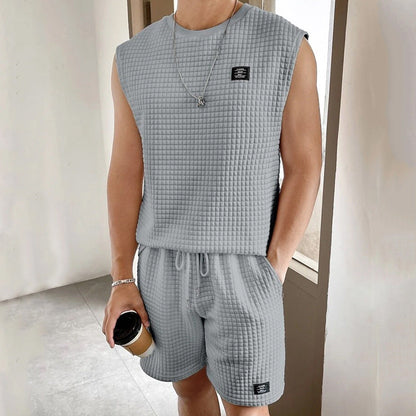 Men’s Sleeveless Lounge Set – Soft Waffle Knit – Relaxed Fit – Drawstring Shorts