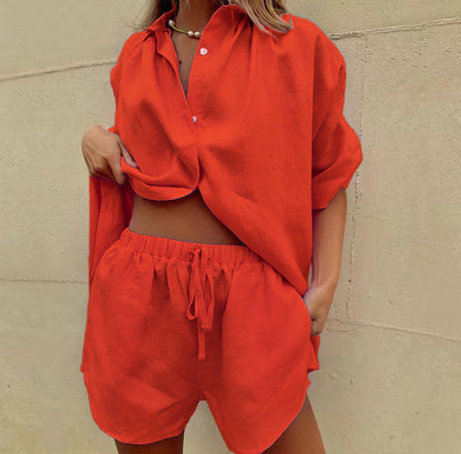 Women’s Two-Piece Set – Linen Blend – Relaxed Fit Shirt – High-Waisted Drawstring Shorts