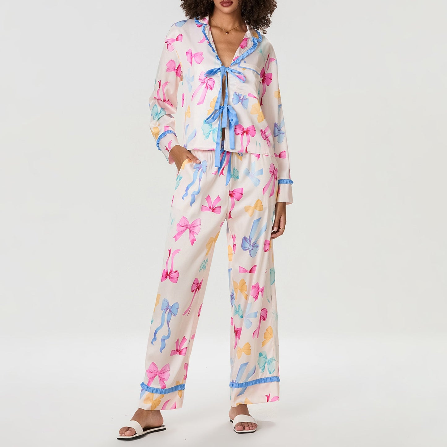 Women’s Pajama Set – Satin Feel – Relaxed Fit – Bow Neck Top – Ruffle Trim Shorts