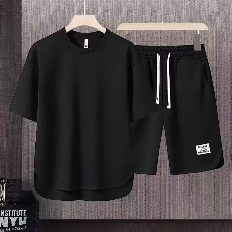 Men’s Athletic Set – Relaxed Fit – Short Sleeve Top & Knee-Length Shorts – Cotton