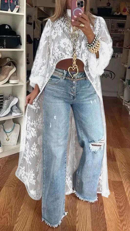 Women’s Top – Sheer Floral – Loose Fit – Draped Layering Piece