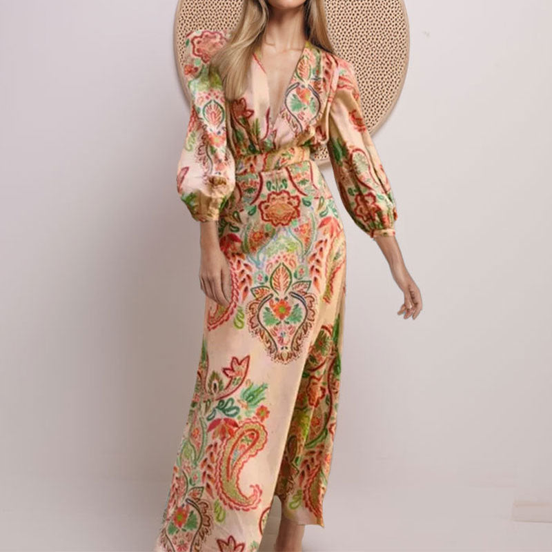 Women’s A-Line Dress – Full Length – V-Neck – Long Sleeve – Paisley Pattern