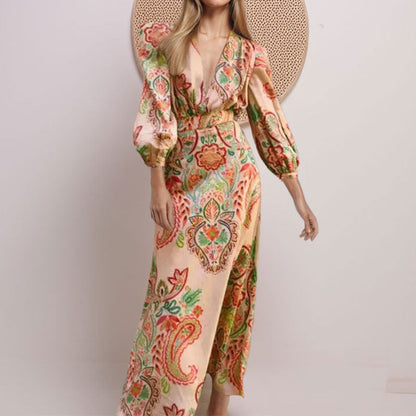 Women’s A-Line Dress – Full Length – V-Neck – Long Sleeve – Paisley Pattern