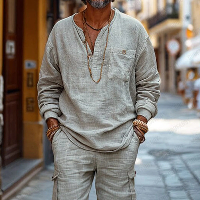 Men’s Casual Set – Breathable Blend – Relaxed Fit – V-Neck Long Sleeve – Cargo Shorts