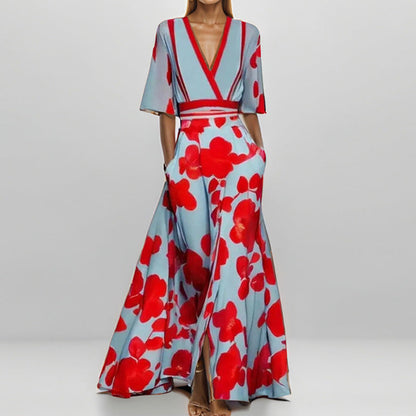 Women’s Maxi Dress – V-Neck – A-Line Fit – Lace-Up Waist – Printed Skirt – Pockets