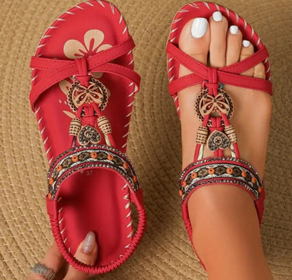 Women’s Flat Sandals – Open Toe – Rhinestone Straps – Boho Braided Detail