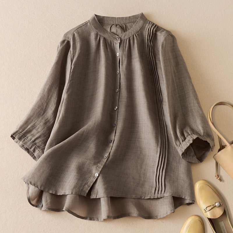 Women’s Half-Sleeve Shirt – Relaxed Fit – Natural Fibers – Stand Collar – Pleated Front