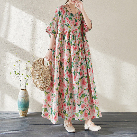 Women’s Long Dress – Floral Print – Loose Fit – Cotton Blend – 3/4 Sleeve Maxi