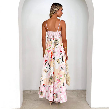 Women’s Maxi Dress – A-Line Fit – Floral Print – Backless – Cotton Spaghetti Straps