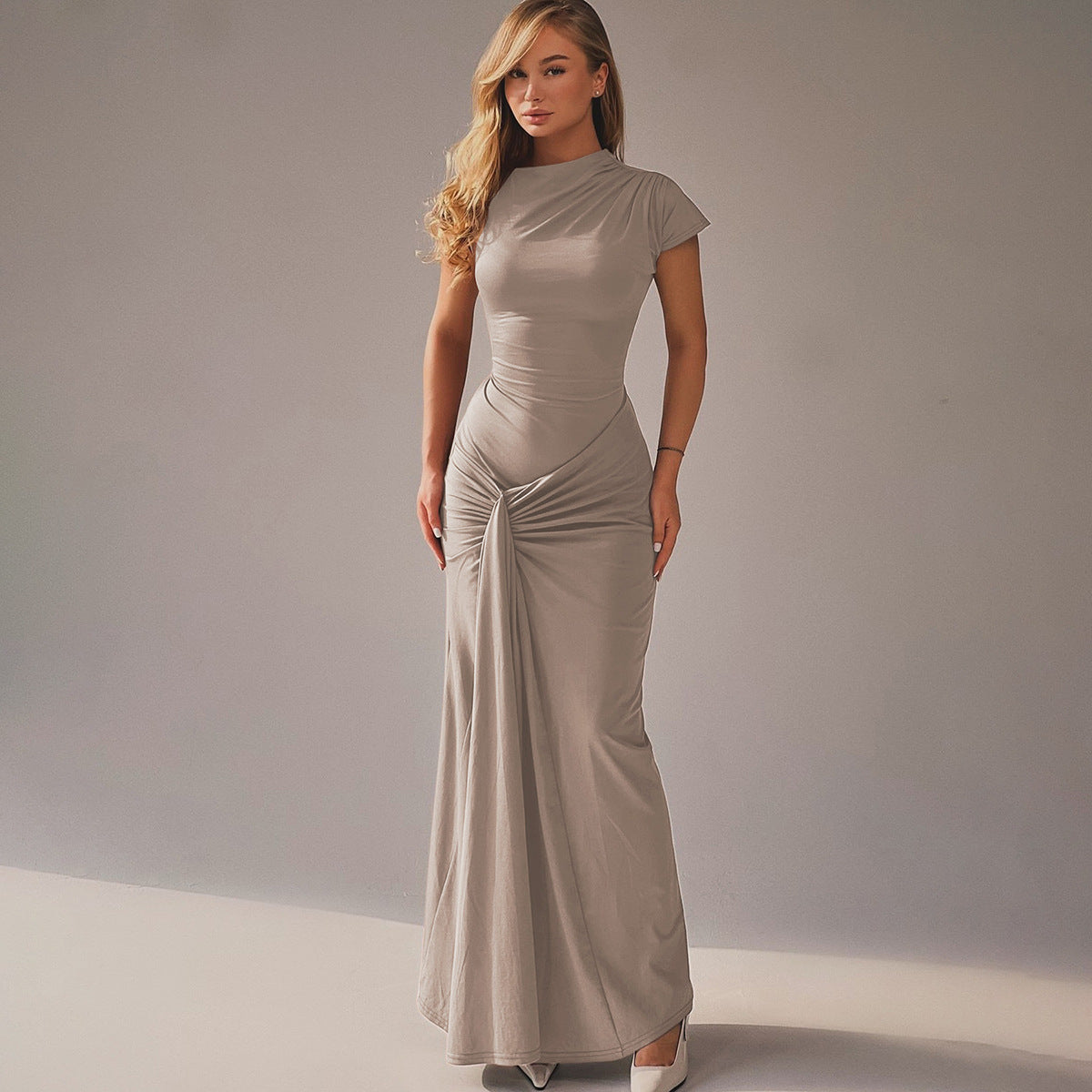 Women’s Full-Length Dress – Satin Finish – Draped Waist – Short Sleeve Formal Wear