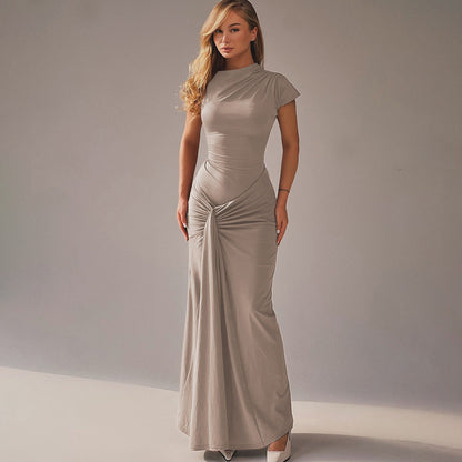 Women’s Full-Length Dress – Satin Finish – Draped Waist – Short Sleeve Formal Wear
