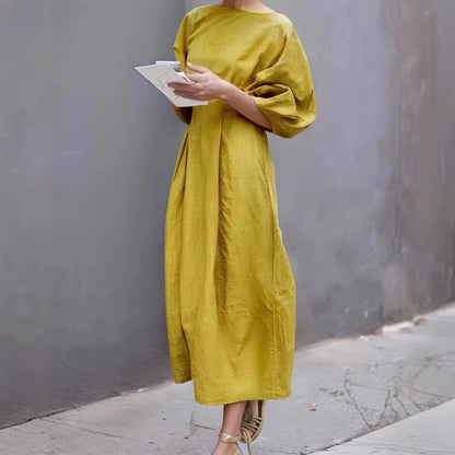 Women’s Long Dress – Loose Fit – Puff Sleeves – Round Neck – Lightweight Casual Wear
